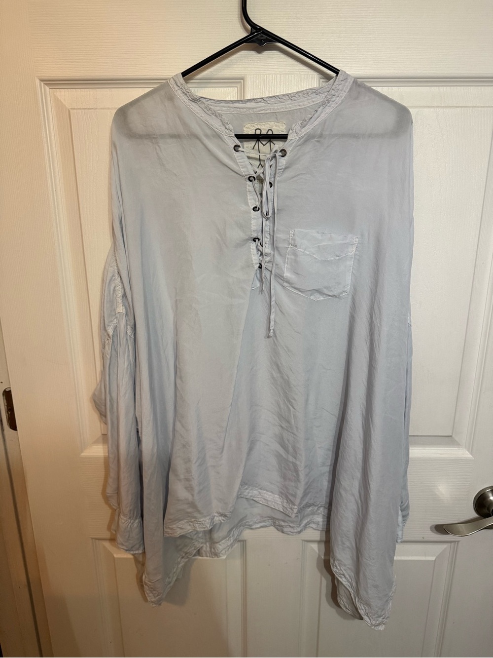 Pete & Greta Johnny Was  100% Silk Light Blue Lace-Up Top
